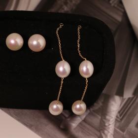 甄珠贝 两用款淡水珍珠耳线 耳钉可脱卸 8-9/9-10mm ji光微微瑕