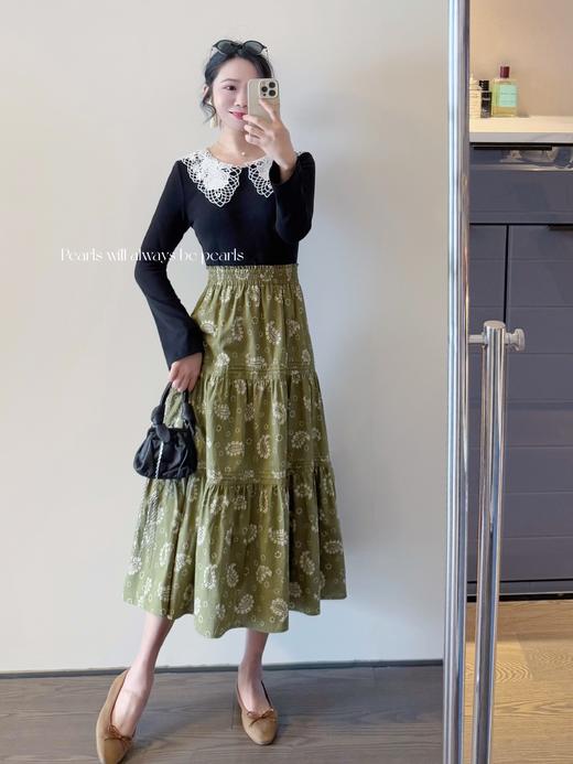 花之物语 定制精致水溶蕾丝花边点缀于衣领 修身显瘦微微喇叭袖设计T恤 黑色 商品图4