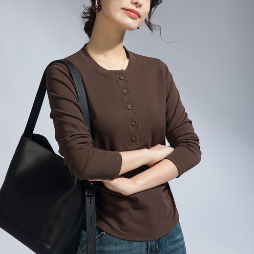 丁摩 春季女装长袖T恤女新款修身打底衫打褶圆领纽扣休闲女式t小衫5ZF-M655 商品图5