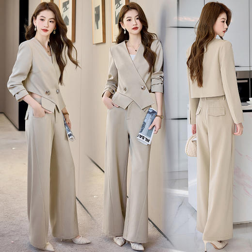 HR-HBLJRA1081时尚两件套裤2025春季新款女装OL气质通勤优雅V领阔腿裤休闲套装 商品图1