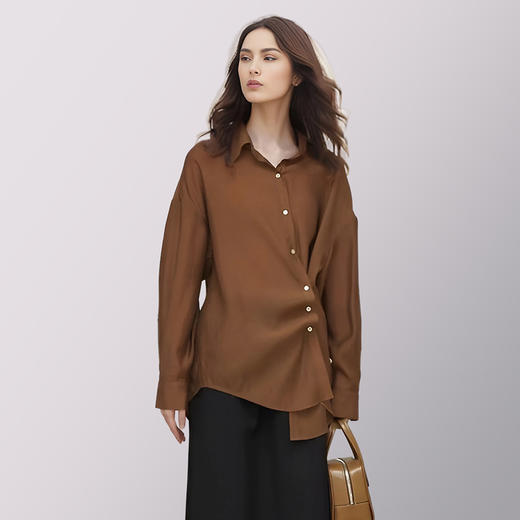 【2件9折】【Petit Bari】(多色)阔型不对称两穿设计长袖天丝衬衫设计感时髦 商品图0