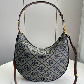 TORY BURCH T Monogram 老花满印可拆卸肩带编织 提花皮革饰边 新月包单肩斜挎手提包 迷你 女款 海军蓝（CB）