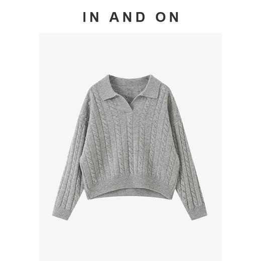 自然宠溺 100%羊毛V领翻领绞花毛衣 商品图1