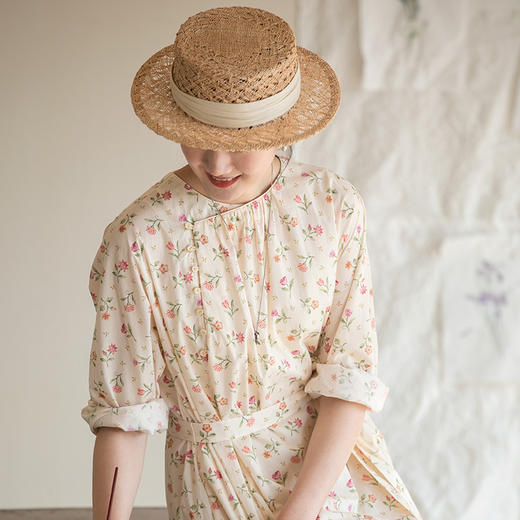 牧衣游原创80支精细长绒棉印花连衣裙宽松圆领文艺碎花裙 一杯雾 商品图0