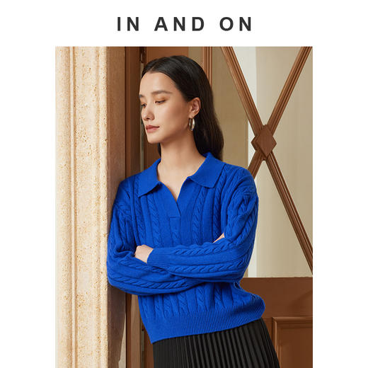 自然宠溺 100%羊毛V领翻领绞花毛衣 商品图4