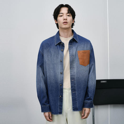 GXG男装 双色渐变水洗PU皮口袋设计宽松时尚长袖衬衫2024春季热卖 商品图2