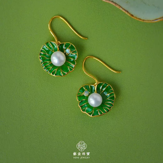龢盒原创 风中荷香，清露珐琅耳环 商品图2