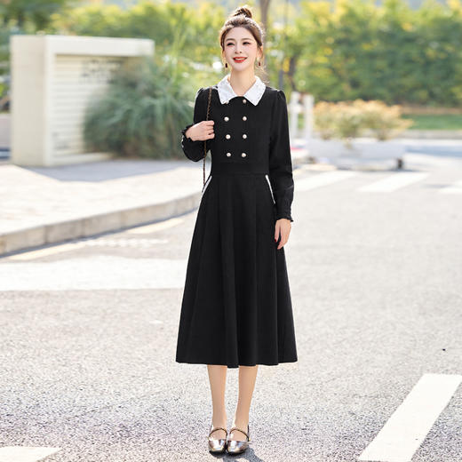HR-HMQY2890女式春季新款连衣裙2025气质优雅撞色小翻领长袖修身显瘦中长裙子 商品图2