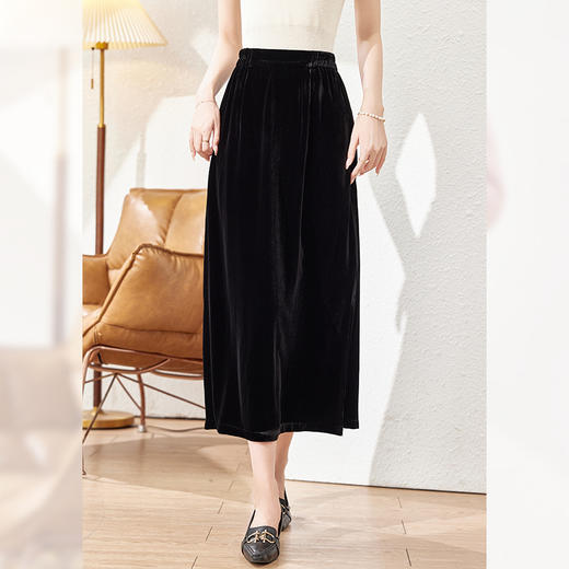 AS 0391真丝丝绒半身裙韩版气质A字裙高腰显瘦开叉裙 商品图0