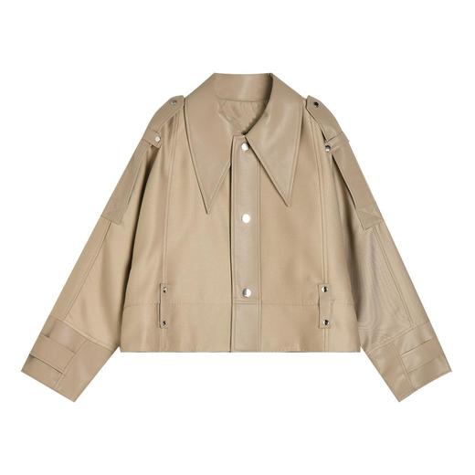 【高货sh】全新升级【铂金会员330/天猫439/差价109】(15430) 洛诗琳25春新款短风衣斜纹皮革雅丹风翻领排扣短款夹克 商品图4