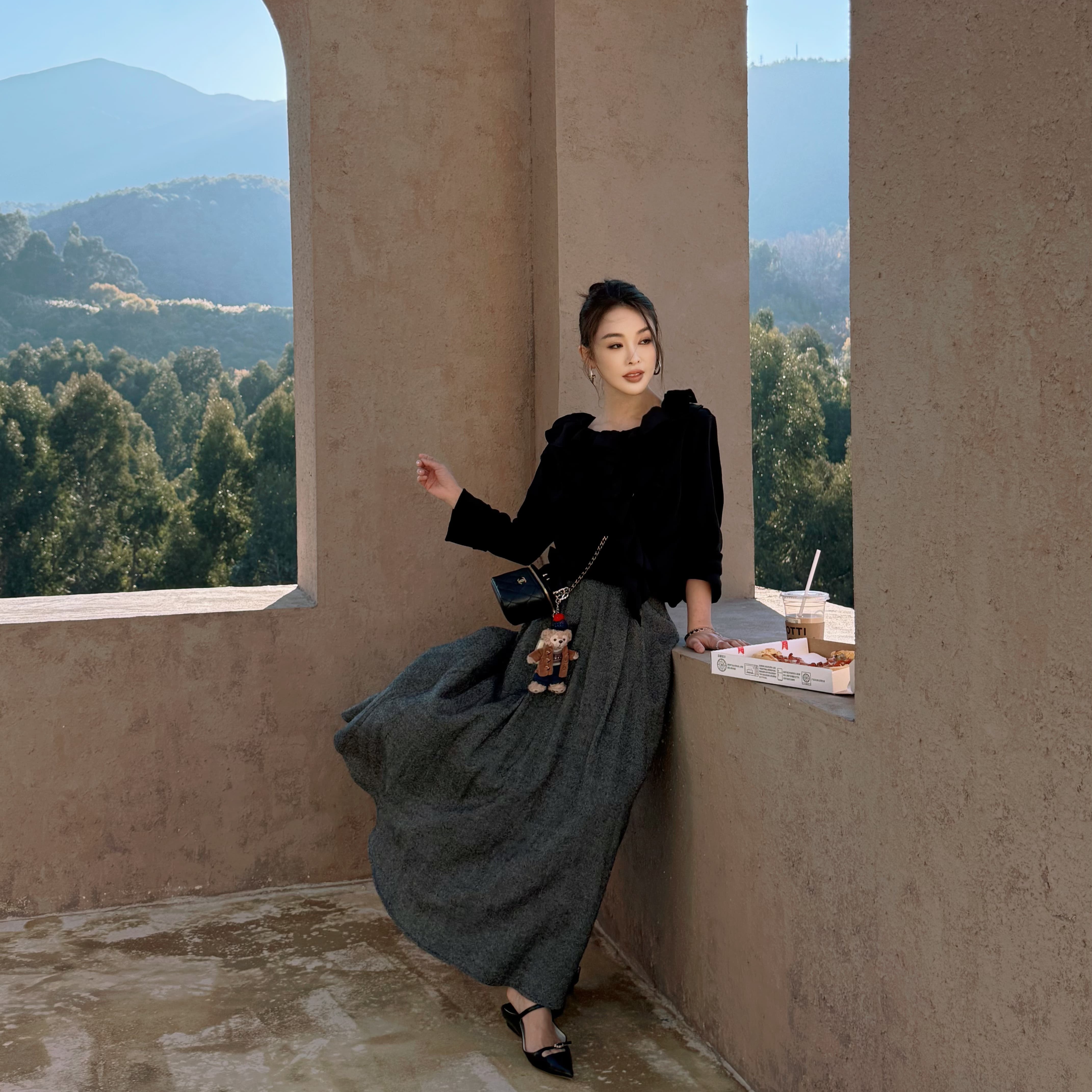 PIANAI冷小姐# 赫本复古风 100%美丽诺羊毛显瘦显高级人字纹大摆伞裙