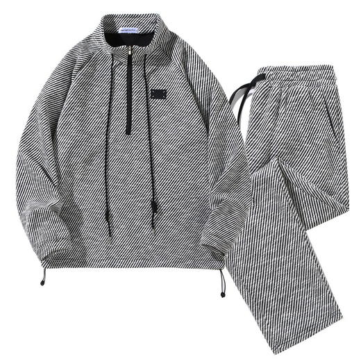 【特大码】【新款DFF】350斤加肥加大码轻奢斜纹条纹休闲立领卫衣套装男潮流时尚宽松卫衣直筒裤春秋 商品图4