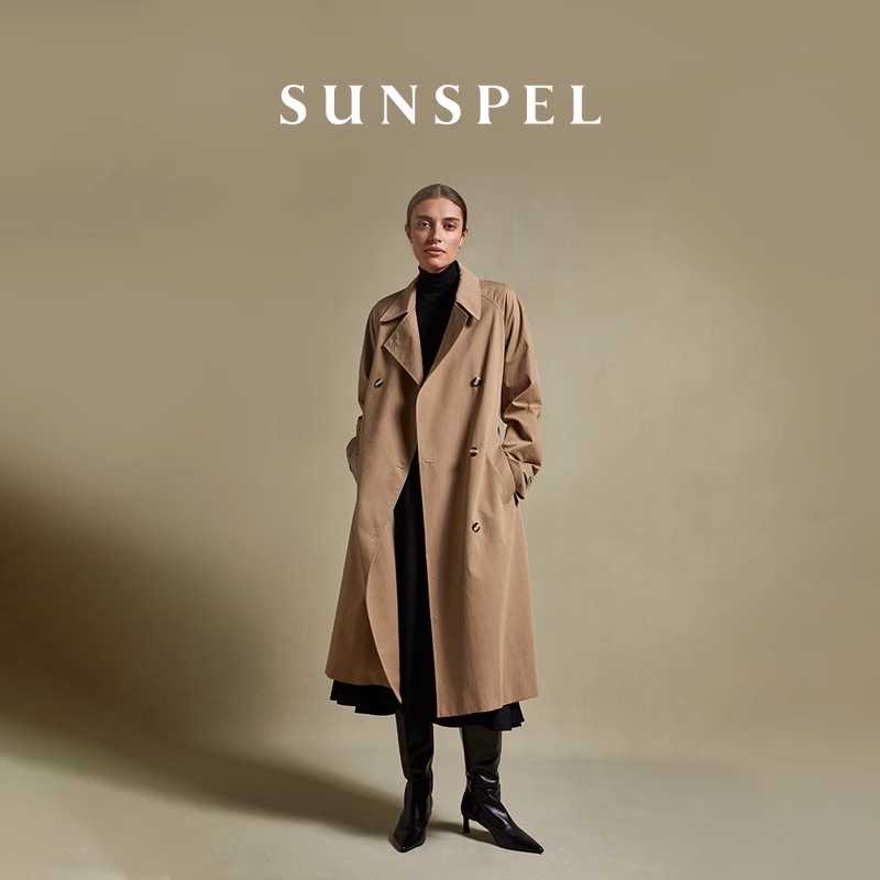 SUNSPEL女士秋冬全棉双排扣系带英伦风衣长款