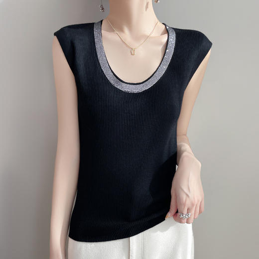 雀说新款精纺羊毛U领女士无袖背心撞色镶钻设计针织宽松套头上衣AL50525 商品图3