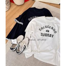 2025新品  蕾蕾同款【绵白氧气】美式字母印花袖口拼蕾丝宽松百搭长袖T