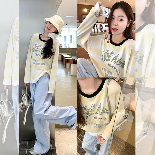 <曾小咸推荐>休闲慵懒黄白条纹印花针织衫 商品图0