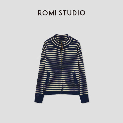 ROMI STUDIO“美式经典”绵羊毛混纺条纹立领毛织开衫 RW24WWG0381 商品图4
