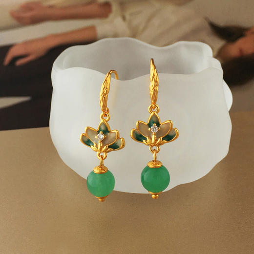新中式宫廷风荷花耳环，气质渐变设计绿色耳坠复古耳饰T2772 商品图4