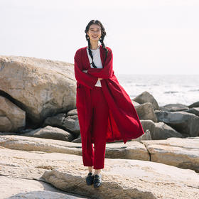 绽放旅行女装071朵/定染红天丝亚麻斜纹设计感复古宽松开襟长外套