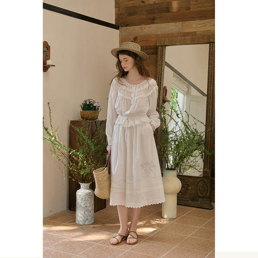 SimpleRetro月光浪漫 60支棉天使刺绣白色衬衫套装裙女小衫半身裙 商品图4