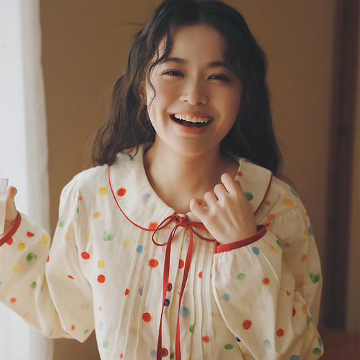 【全棉双层纱】2025新款日系甜美睡衣少女款波点春秋季娃娃领纯棉纱布家居服套装 商品图2