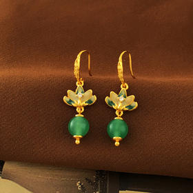 新中式宫廷风荷花耳环，气质渐变设计绿色耳坠复古耳饰T2772