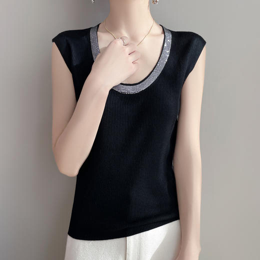 雀说新款精纺羊毛U领女士无袖背心撞色镶钻设计针织宽松套头上衣AL50525 商品图7