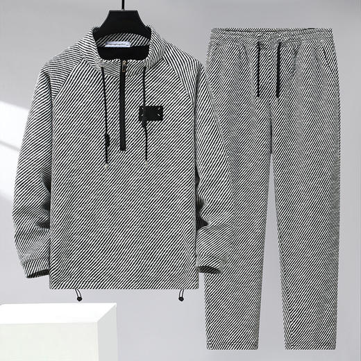 【特大码】【新款DFF】350斤加肥加大码轻奢斜纹条纹休闲立领卫衣套装男潮流时尚宽松卫衣直筒裤春秋 商品图0
