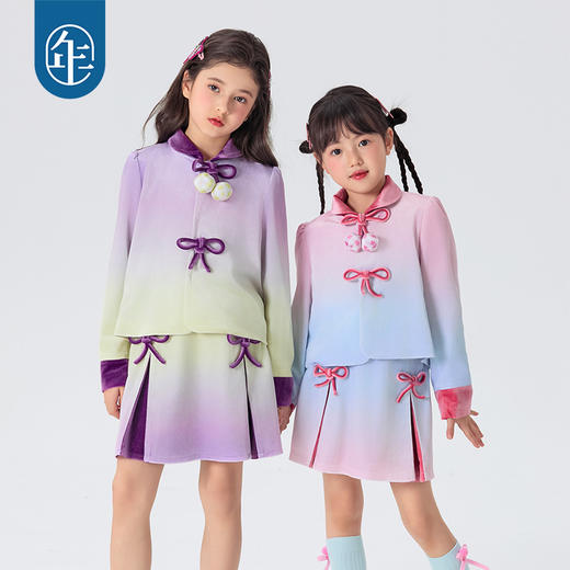 年衣童装2025年春季新款女孩新中式甜美渐变丝绒上衣莫奈日落外套 商品图4