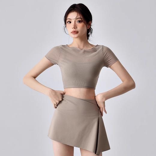 跃牌【禅语梵心】假两件网纱运动T恤女短袖带胸垫瑜珈服露脐上衣DX5206 商品图2