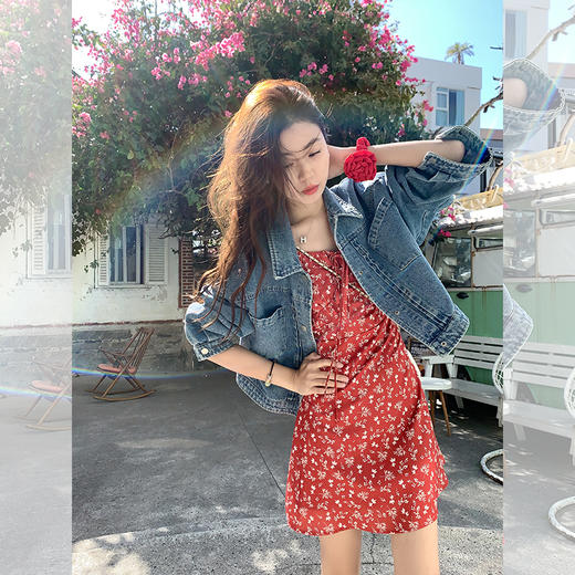 <曾小咸推荐>红色复古收腰显瘦碎花连衣裙 商品图0