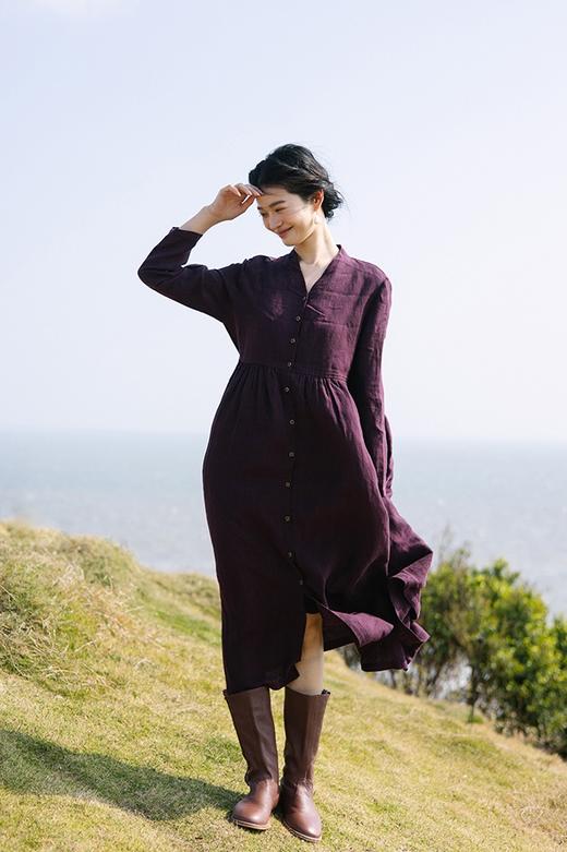 绽放旅行女装059朵/干洗亚麻v领绛紫开门襟两穿长袖显瘦连衣裙 商品图5