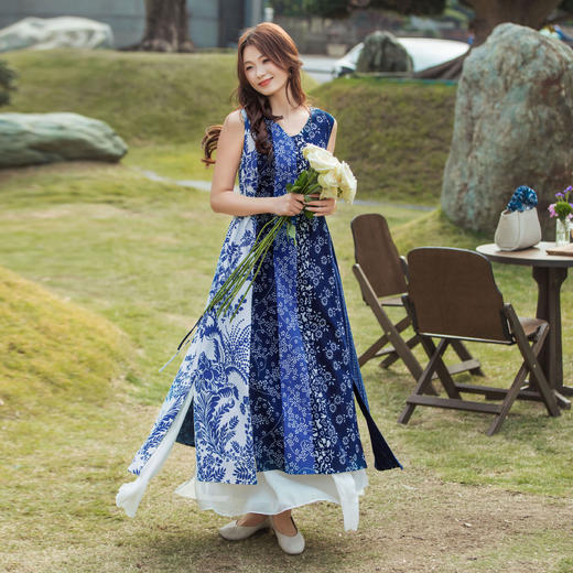 【林栖设计小店】【林栖推荐】纯棉连衣裙传统蓝印花纹2025春夏新品无袖复古长裙女T1944257 商品图5