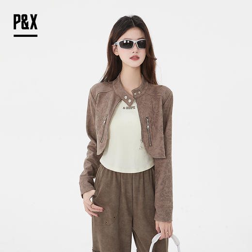 P&X设计师女装 潮流复古风拉链设计两件套短款上衣825115100 咖色 商品图3