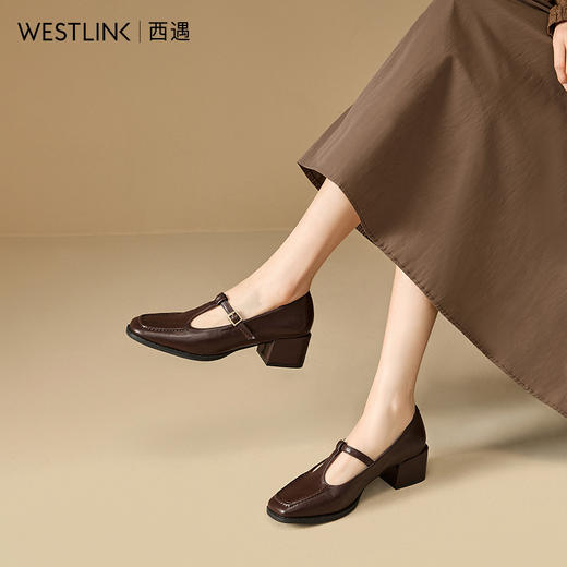 西遇复古玛丽珍鞋女新款法式T字通勤粗跟单鞋黑色小皮鞋V0156266 商品图4