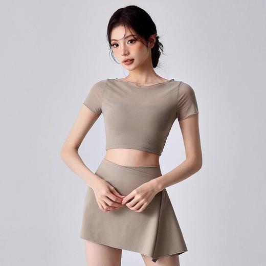 跃牌【禅语梵心】假两件网纱运动T恤女短袖带胸垫瑜珈服露脐上衣DX5206 商品图3