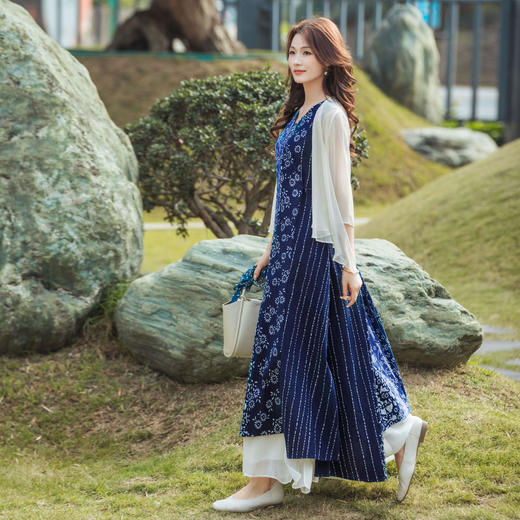 【林栖设计小店】【林栖推荐】纯棉连衣裙传统蓝印花纹2025春夏新品无袖复古长裙女T1944257 商品图7