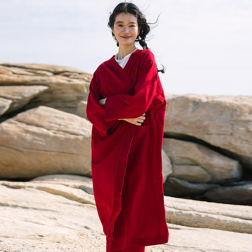 绽放旅行女装071朵/定染红天丝亚麻斜纹设计感复古宽松开襟长外套 商品图2