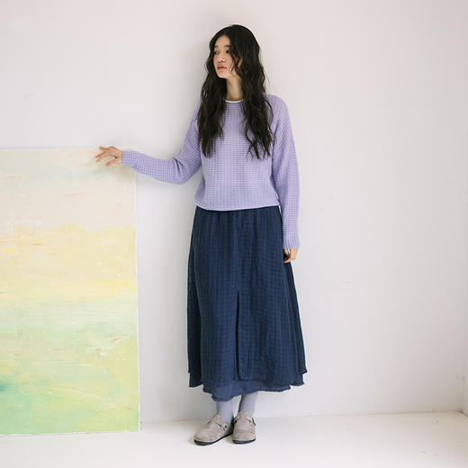 绽放旅行女875朵/山羊绒桑蚕丝混纺格子肌理感圆领套头毛针织衫 商品图1