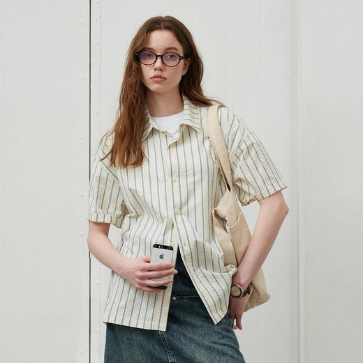 714street日系条纹泡泡纱全棉短袖衬衫男2025春夏新款设计感上衣 商品图0