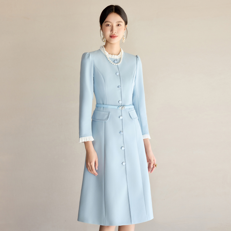 IWY/冰河浅海蓝气质小香风显瘦连衣裙女上镜主持职业裙优雅宴会礼服长裙24Q679