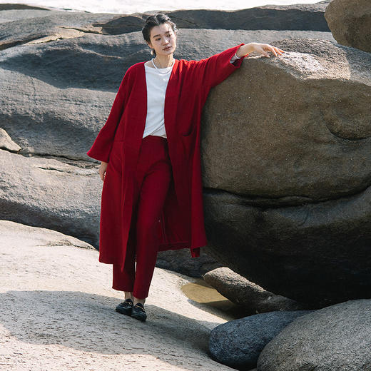 绽放072朵/2025年春季定染红色天丝亚麻斜纹显瘦萝卜裤收脚长裤 商品图2