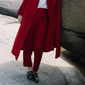 绽放072朵/2025年春季定染红色天丝亚麻斜纹显瘦萝卜裤收脚长裤