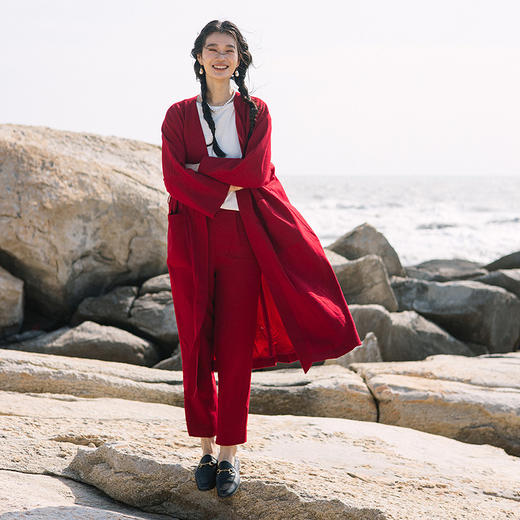 绽放072朵/2025年春季定染红色天丝亚麻斜纹显瘦萝卜裤收脚长裤 商品图1