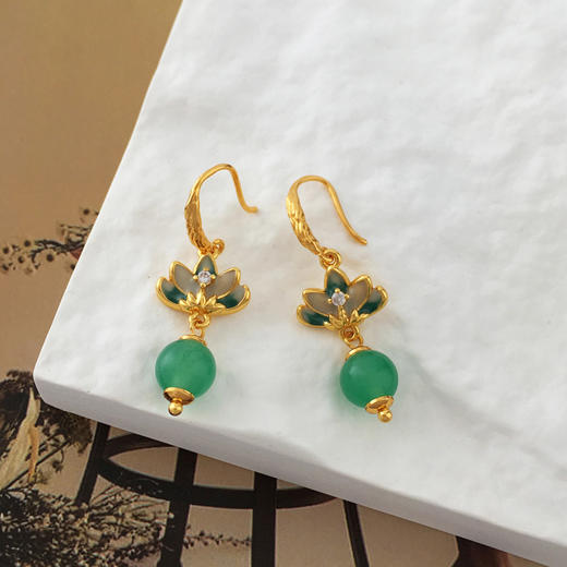 新中式宫廷风荷花耳环，气质渐变设计绿色耳坠复古耳饰T2772 商品图1