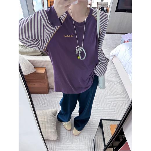 2025新品  蕾蕾同款【复古画报】宽松圆领插肩袖条纹拼接胸前刺绣大版长袖T恤 商品图2