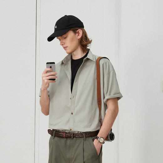 714street日系复古水洗做旧短袖衬衫男2025夏季新款全棉宽松衬衣 商品图0
