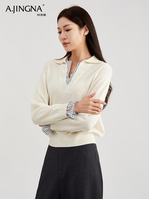 【法式慵懒风】阿菁娜经典POLO剪刀领条纹拼接羊毛针织衫F30C302005 商品图2