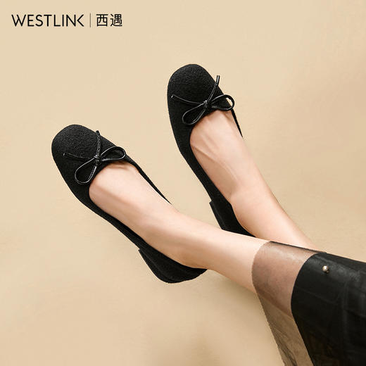 西遇蝴蝶结单鞋女新款法式芭蕾风毛呢圆头平底鞋浅口瓢鞋V0256268 商品图4