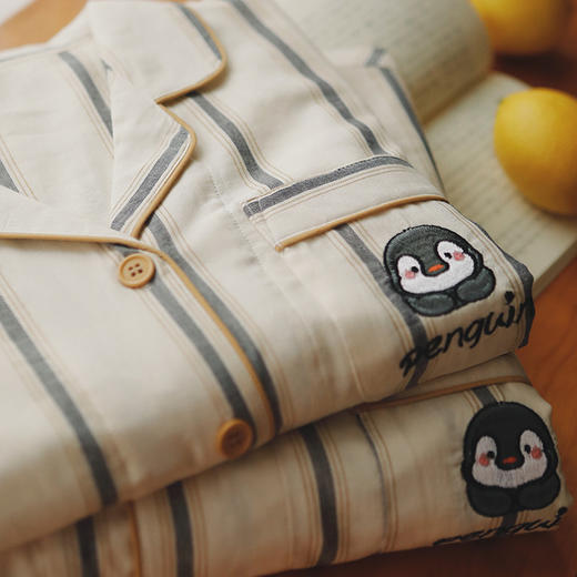 【全棉双层纱】2025新款情侣睡衣女萌趣企鹅刺绣纯棉纱布情侣家居服春秋季长袖套装男士 商品图2